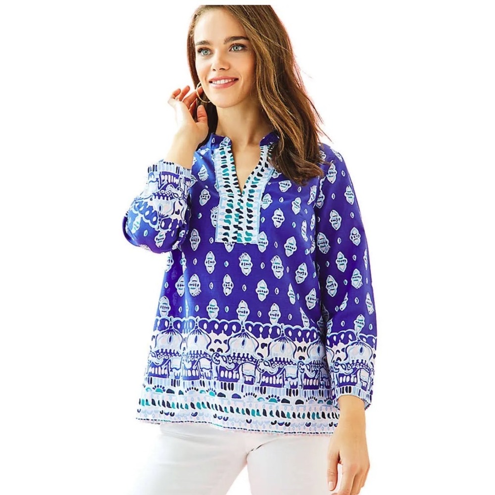 NWT Lilly‎ Pulitzer Asani Tunic Blue Multi Print V-Neck Long Sleeve Size Medium